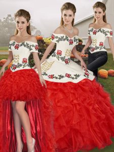 Nice White And Red Sleeveless Floor Length Embroidery and Ruffles Lace Up Quince Ball Gowns