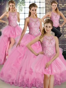 Popular Sleeveless Floor Length Lace and Embroidery and Ruffles Lace Up Ball Gown Prom Dress with Rose Pink