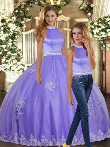 Sweet Lavender Halter Top Neckline Appliques Sweet 16 Dress Sleeveless Backless