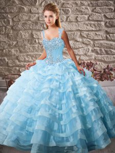 Glamorous Blue Lace Up Straps Beading and Ruffled Layers 15 Quinceanera Dress Organza Sleeveless Court Train