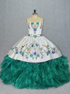 Floor Length Turquoise Quinceanera Dress Organza Sleeveless Embroidery and Ruffles