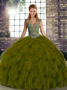 Olive Green Organza Lace Up Ball Gown Prom Dress Sleeveless Floor Length Beading and Ruffles