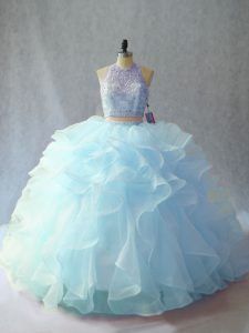 Light Blue Backless Scoop Beading and Ruffles Sweet 16 Dress Organza Sleeveless Brush Train