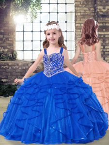 Dramatic Straps Sleeveless Lace Up Little Girls Pageant Dress Royal Blue Tulle