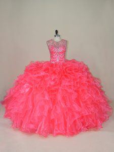 Beading and Ruffles Vestidos de Quinceanera Pink Lace Up Sleeveless