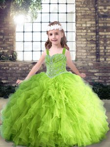 Fancy Straps Sleeveless Tulle Little Girls Pageant Gowns Beading and Ruffles Lace Up