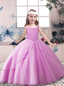 Elegant Lilac Lace Up Off The Shoulder Beading Child Pageant Dress Tulle Sleeveless