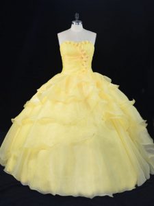 Elegant Hand Made Flower 15th Birthday Dress Yellow Lace Up Sleeveless Floor Length