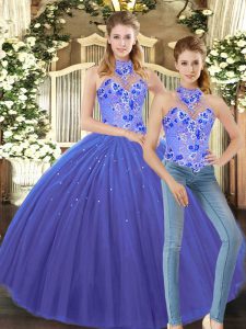 Blue Sleeveless Embroidery Floor Length Quinceanera Dress