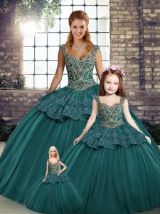 Floor Length Green Quince Ball Gowns Tulle Sleeveless Beading and Appliques