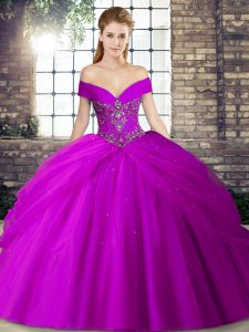 Purple Tulle Lace Up 15th Birthday Dress Sleeveless Brush Train Beading and Pick Ups
