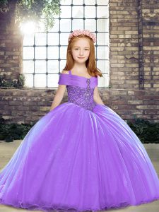 Dramatic Lavender Sleeveless Tulle Brush Train Lace Up Kids Pageant Dress for Party and Sweet 16 and Wedding Party