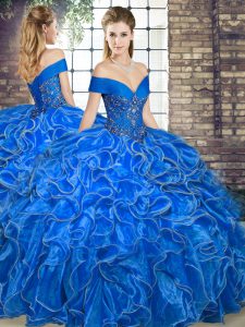 Traditional Floor Length Royal Blue Quinceanera Gowns Off The Shoulder Sleeveless Lace Up