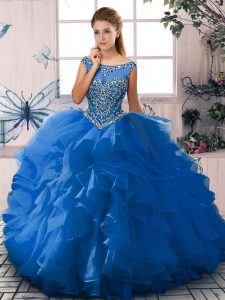 Blue Ball Gowns Beading and Ruffles Quince Ball Gowns Zipper Organza Sleeveless Floor Length