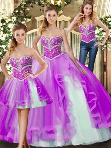 Affordable Floor Length Lilac Sweet 16 Dress Tulle Sleeveless Beading