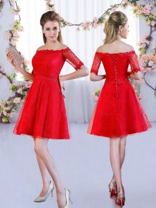 Beauteous Lace Quinceanera Dama Dress Red Lace Up Half Sleeves Mini Length