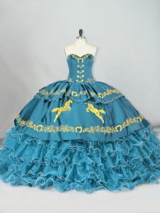 Dynamic Sleeveless Embroidery and Ruffled Layers Lace Up 15th Birthday Dress with Teal Brush Train