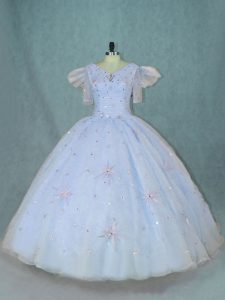 V-neck Short Sleeves Sweet 16 Dresses Floor Length Beading Light Blue Organza