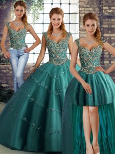 Teal Sleeveless Tulle Lace Up Sweet 16 Dress for Military Ball and Sweet 16 and Quinceanera