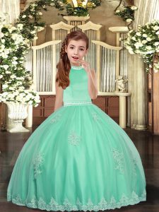 Fantastic Sleeveless Floor Length Appliques Backless Little Girl Pageant Dress with Apple Green