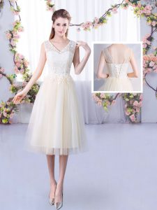 Empire Court Dresses for Sweet 16 Champagne V-neck Tulle Sleeveless Tea Length Lace Up