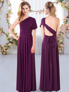 Dark Purple Empire Ruching Quinceanera Court of Honor Dress Criss Cross Chiffon Sleeveless Floor Length