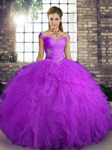 Purple Ball Gowns Off The Shoulder Sleeveless Tulle Floor Length Lace Up Beading and Ruffles Vestidos de Quinceanera