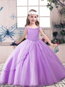 Low Price Tulle Off The Shoulder Sleeveless Lace Up Beading Little Girls Pageant Gowns in Lavender