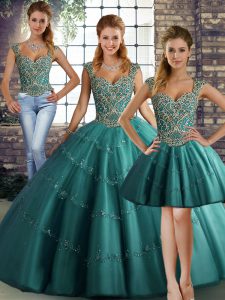Chic Floor Length Teal Quinceanera Gowns Tulle Sleeveless Beading and Appliques