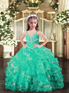 Customized Turquoise Straps Neckline Beading and Ruffles Little Girls Pageant Dress Sleeveless Lace Up