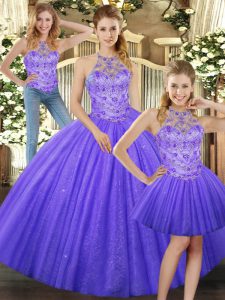 Cheap Lavender Three Pieces Beading Quinceanera Dress Lace Up Tulle Sleeveless Floor Length