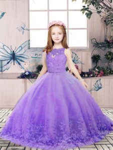 Attractive Lavender Sleeveless Floor Length Lace and Appliques Backless Little Girls Pageant Gowns