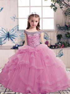 Lilac Tulle Lace Up Child Pageant Dress Sleeveless Floor Length Beading