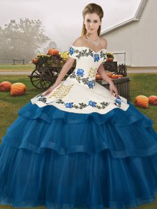 Off The Shoulder Sleeveless Ball Gown Prom Dress Brush Train Embroidery and Ruffled Layers Blue Tulle