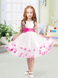 White A-line Tulle Scoop Sleeveless Appliques and Belt Knee Length Zipper Little Girl Pageant Gowns