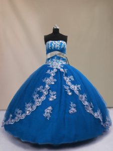 Floor Length Blue Vestidos de Quinceanera Strapless Sleeveless Lace Up