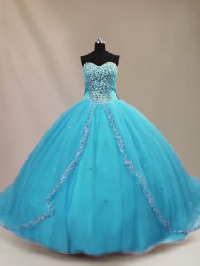 Sweet Ball Gowns Sleeveless Aqua Blue 15 Quinceanera Dress Court Train Lace Up