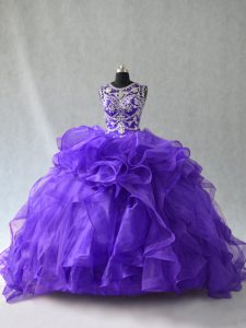 Fitting Ball Gowns 15th Birthday Dress Purple Scoop Organza Sleeveless Floor Length Lace Up