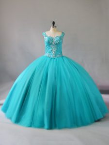 Hot Sale Floor Length Ball Gowns Sleeveless Aqua Blue Quinceanera Gowns Zipper