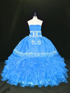 Classical Embroidery and Ruffles Quinceanera Dress Blue Lace Up Sleeveless Floor Length