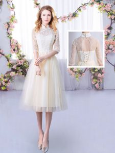 Sweet Champagne Empire Lace Dama Dress Lace Up Tulle Half Sleeves Tea Length