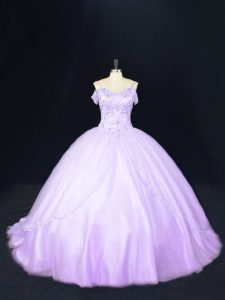 Lavender Sleeveless Court Train Beading Quince Ball Gowns