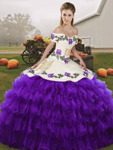 Off The Shoulder Sleeveless Lace Up Sweet 16 Dresses White And Purple Organza