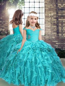 Sleeveless Lace Up Floor Length Beading and Ruffles Little Girl Pageant Dress