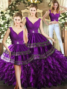 Floor Length Purple Ball Gown Prom Dress Organza Sleeveless Beading and Embroidery and Ruffles