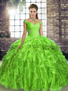 Flirting Off The Shoulder Sleeveless Quinceanera Dress Brush Train Beading and Ruffles Organza