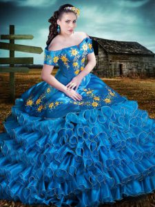 Off The Shoulder Sleeveless Vestidos de Quinceanera Floor Length Embroidery and Ruffles Blue Organza