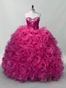 Ball Gowns 15 Quinceanera Dress Hot Pink Sweetheart Organza Sleeveless Floor Length Lace Up