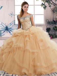 Noble Champagne Off The Shoulder Neckline Beading and Ruffles Quinceanera Dresses Sleeveless Lace Up