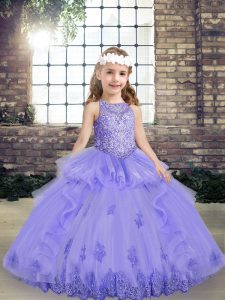 Simple Scoop Sleeveless Tulle Pageant Gowns For Girls Beading and Appliques Lace Up